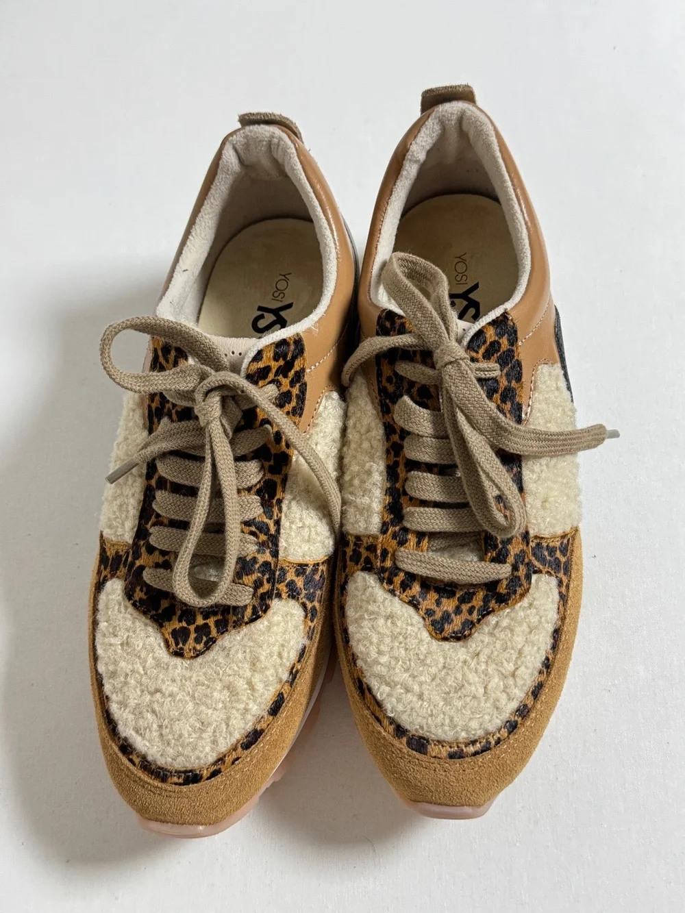 Yosi Samra Paige Tan Leather Sherpa Leopard Mix Crossover Sneakers